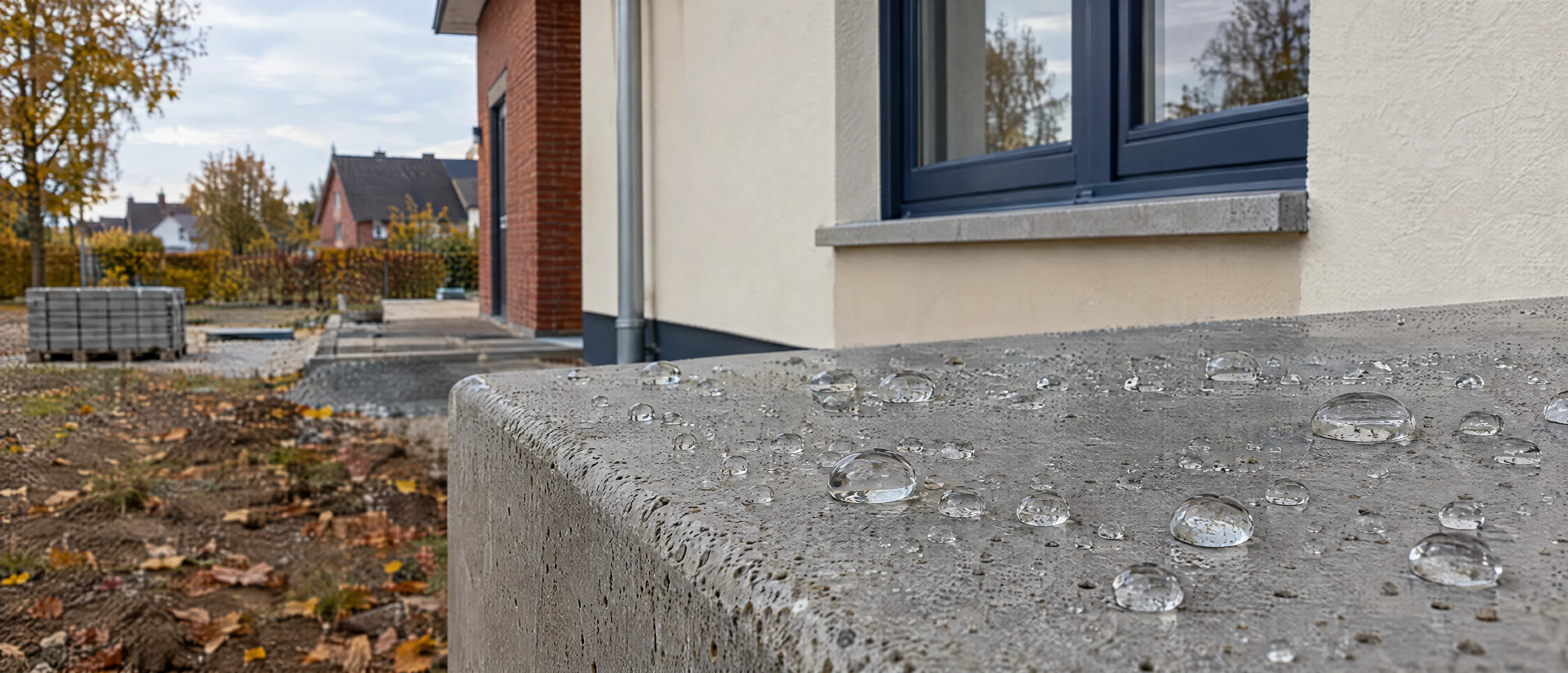 Wassertropfen perlen auf einer hydrophobierten Betonfläche ab