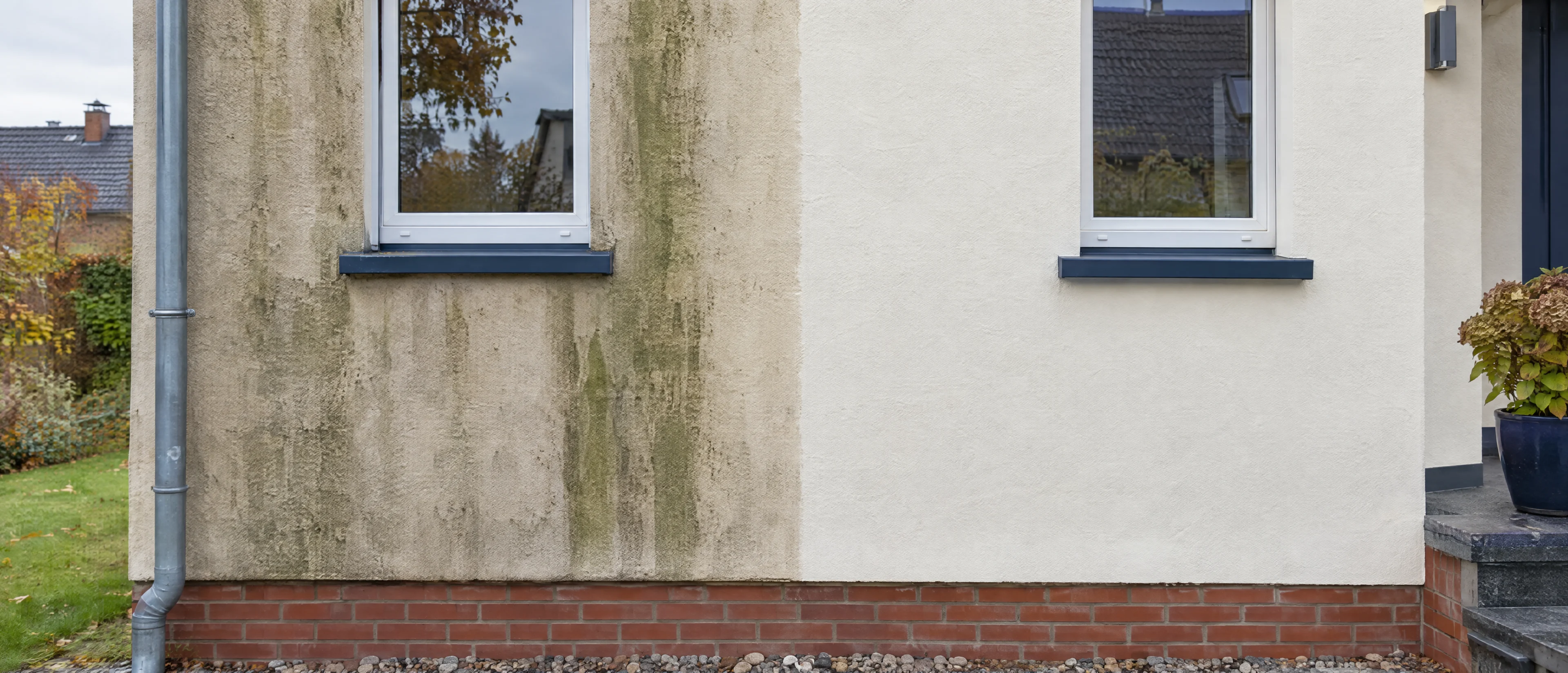 Hauswand mit Algen und Schmutz links, rechts frisch gestrichen