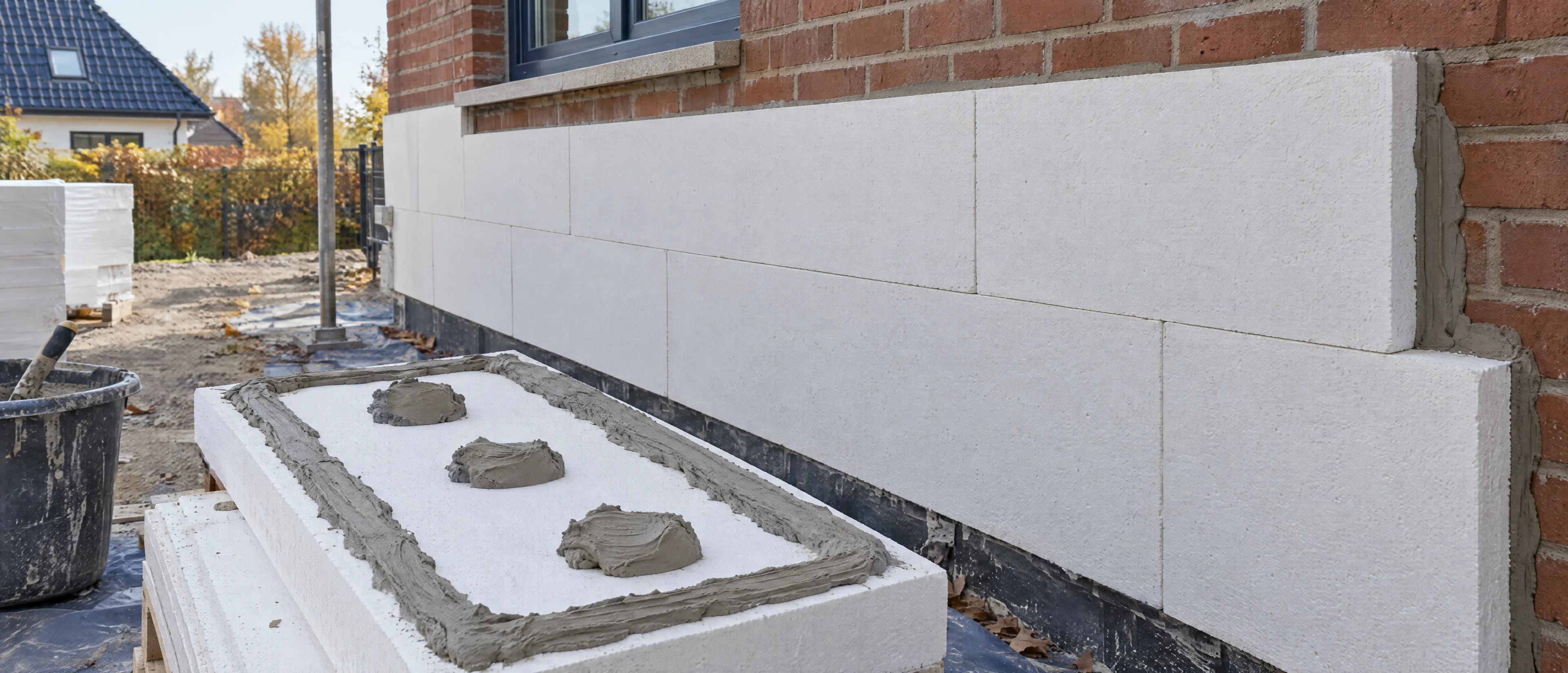 Dämmplatte mit Klebemörtel als Randwulst und Punkten, daneben bereits geklebte Platten an einer Klinkerwand