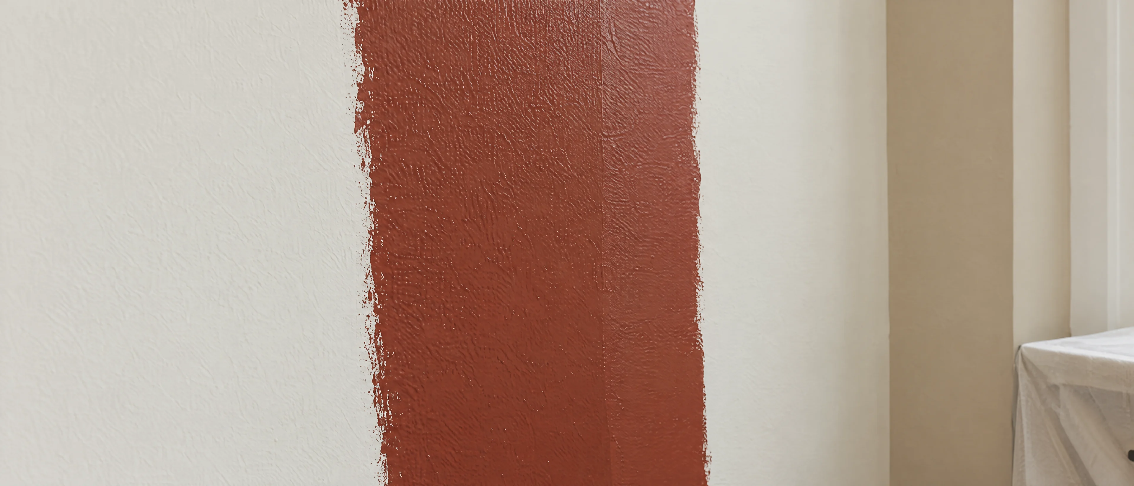 Frisch gerollte Bahn in gedämpftem Ziegelrot auf einer hellen Wand