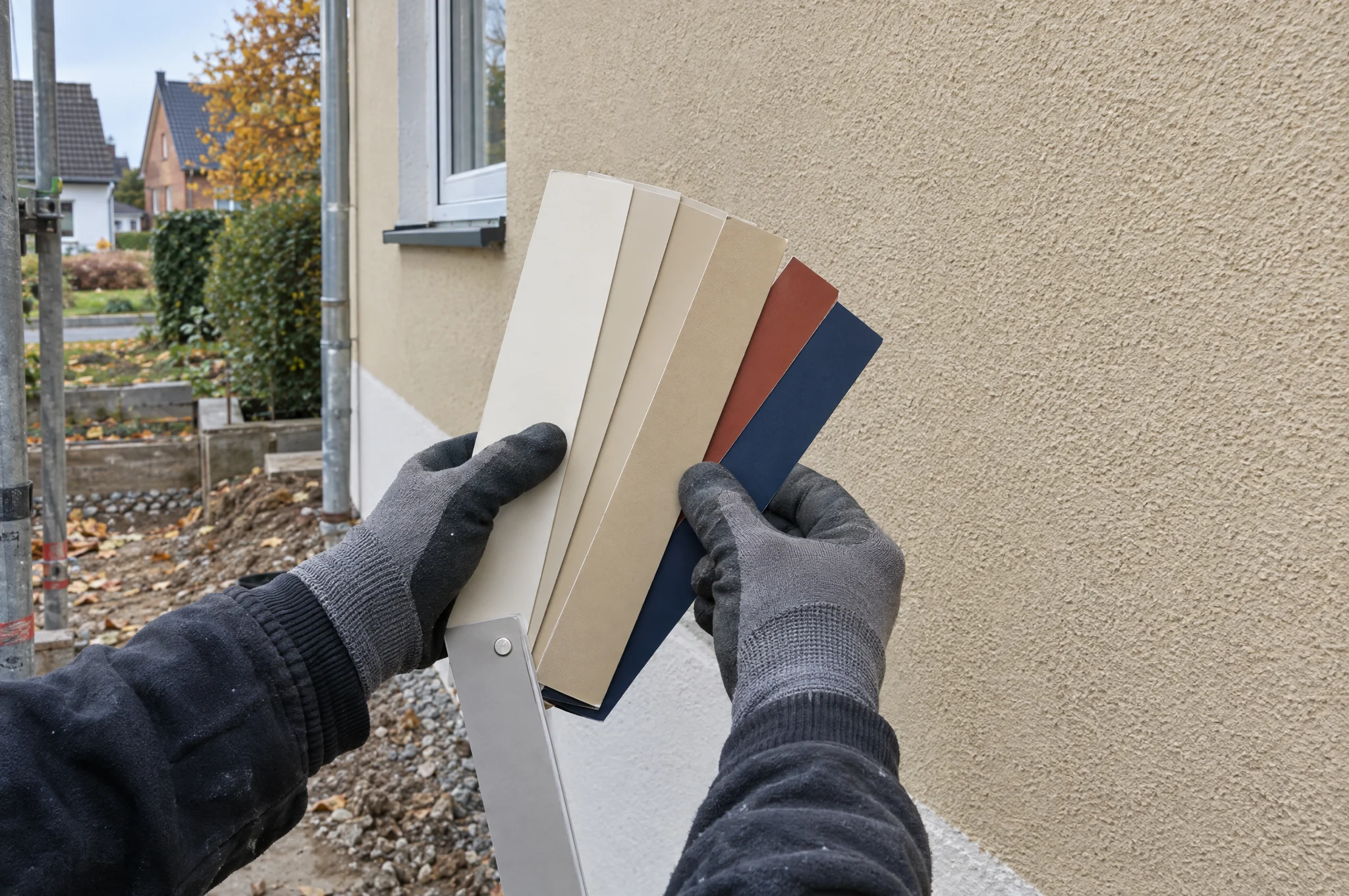 Hand hält einen Farbfächer an eine verputzte Hauswand