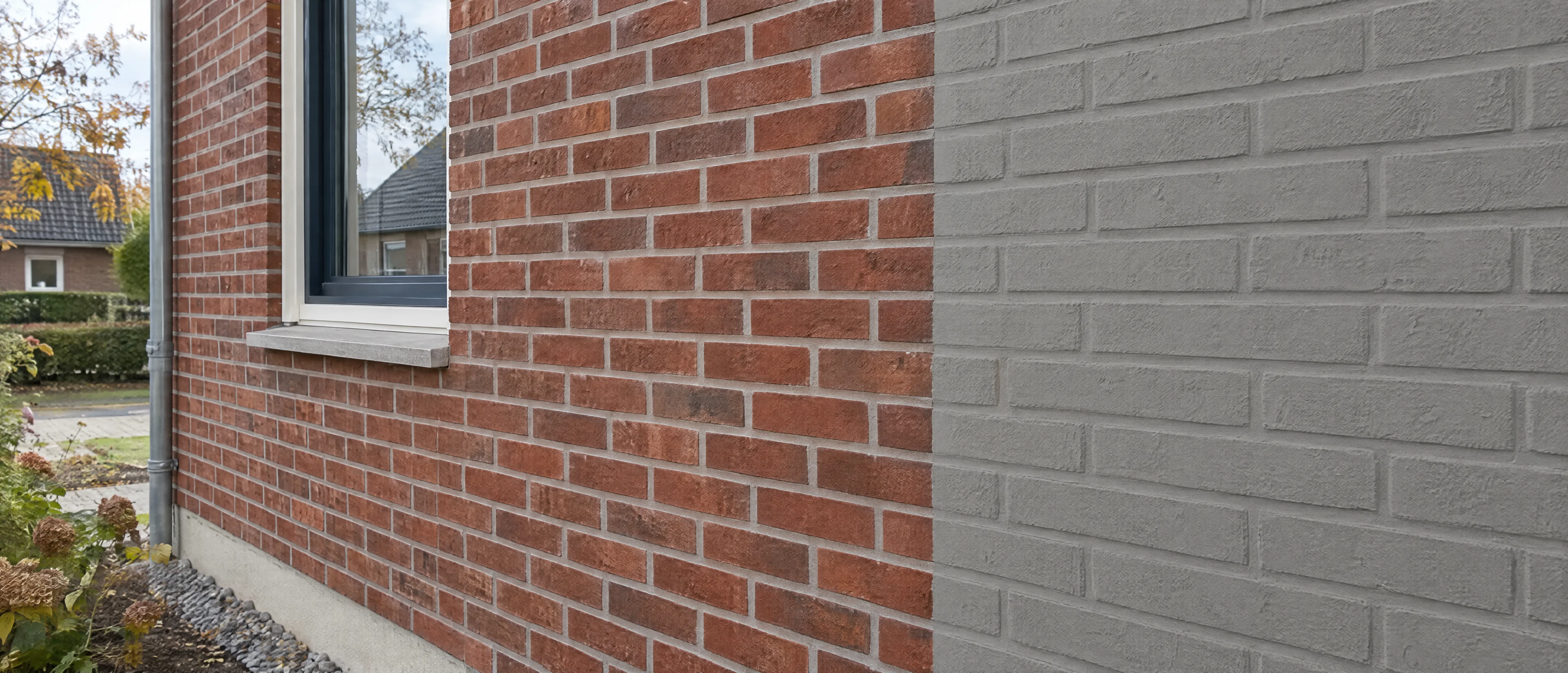 Klinkerfassade, rechts mit mineralischer Farbe in warmem Grau gestrichen