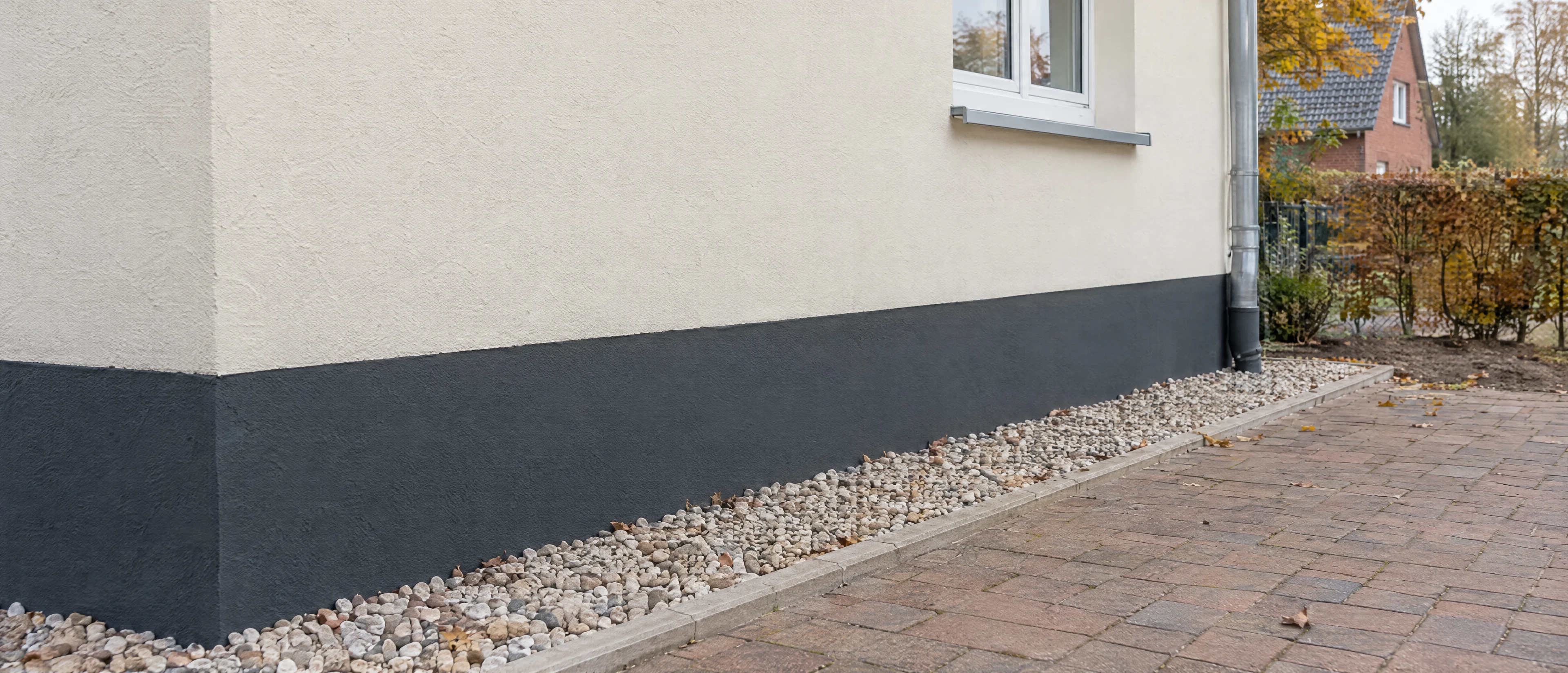 Frisch renovierte Hauswand mit hellem Putz und dunkelgrauem Sockel