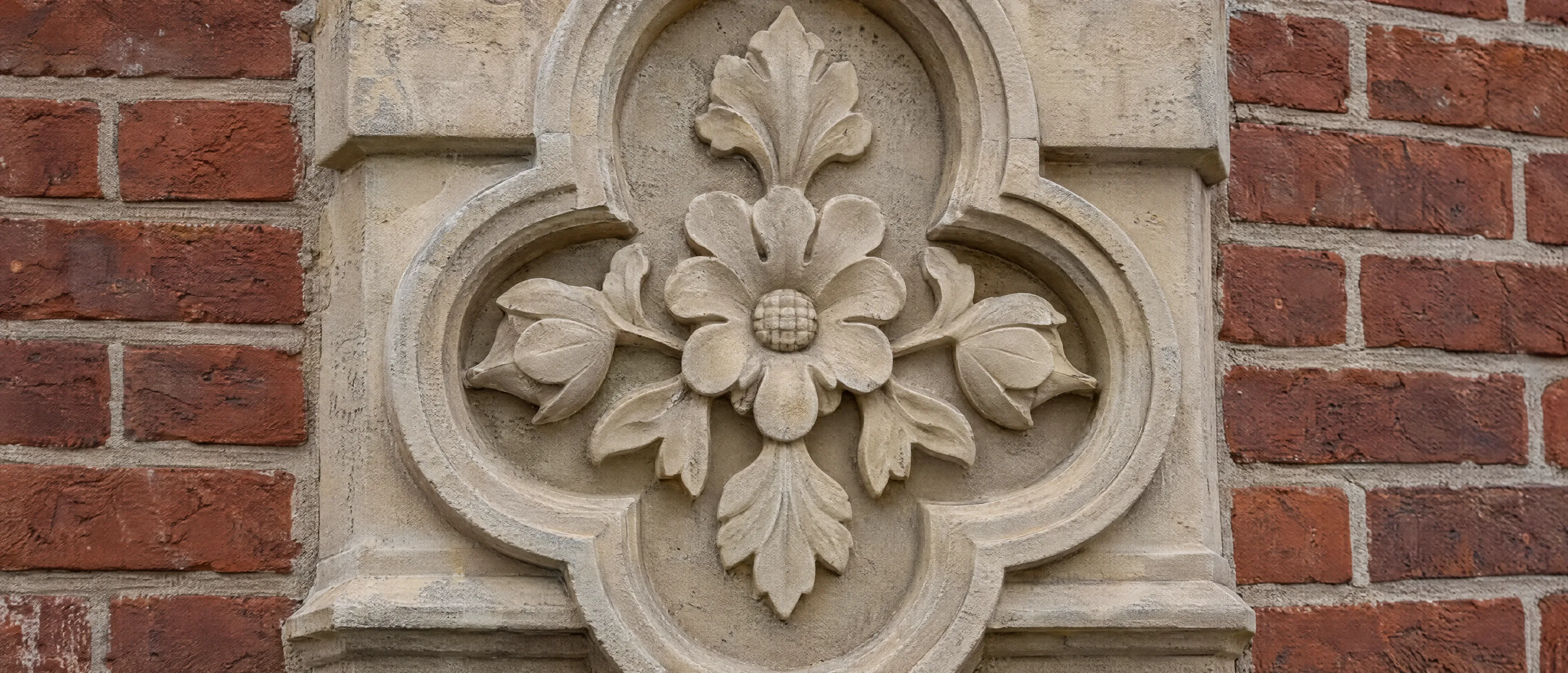 Gereinigtes Sandsteinrelief in einer Backsteinfassade