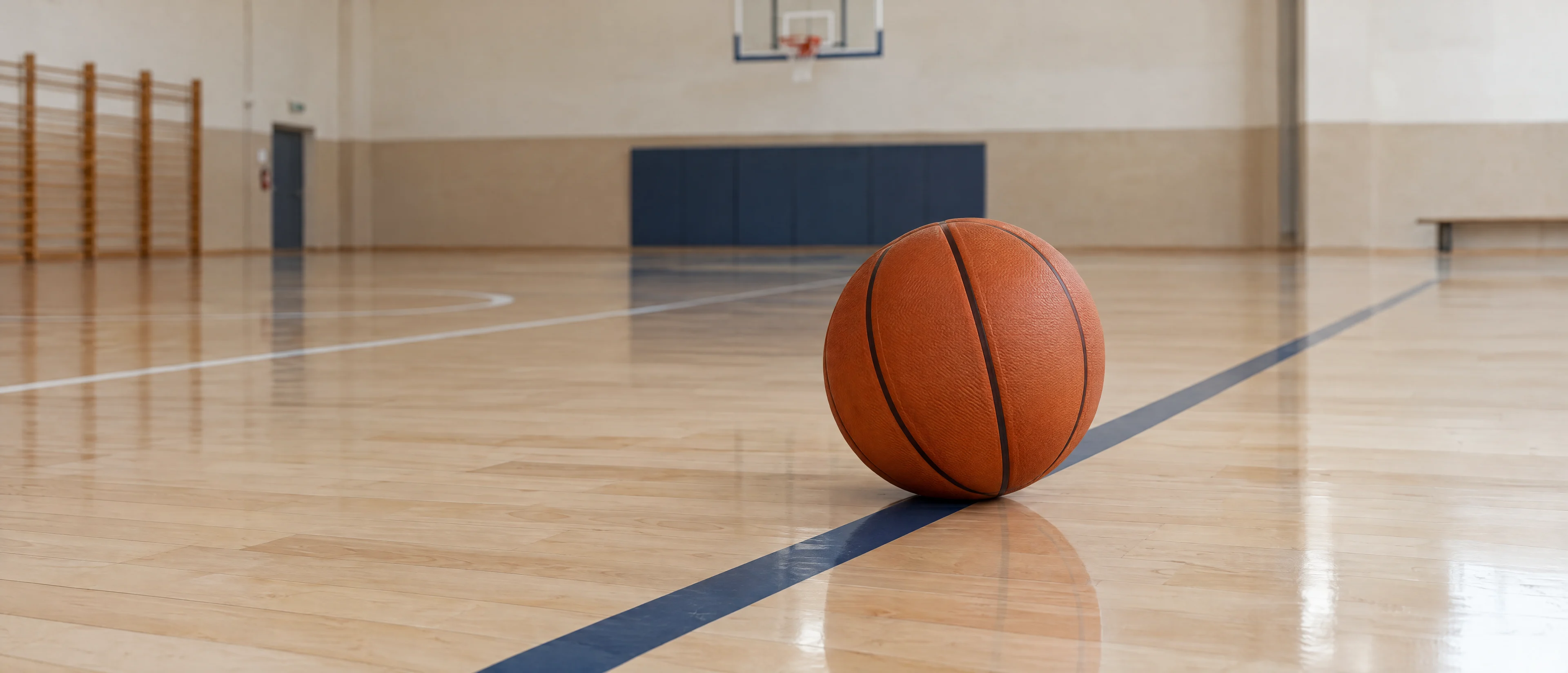 Basketball auf einer Linie in einer Sporthalle